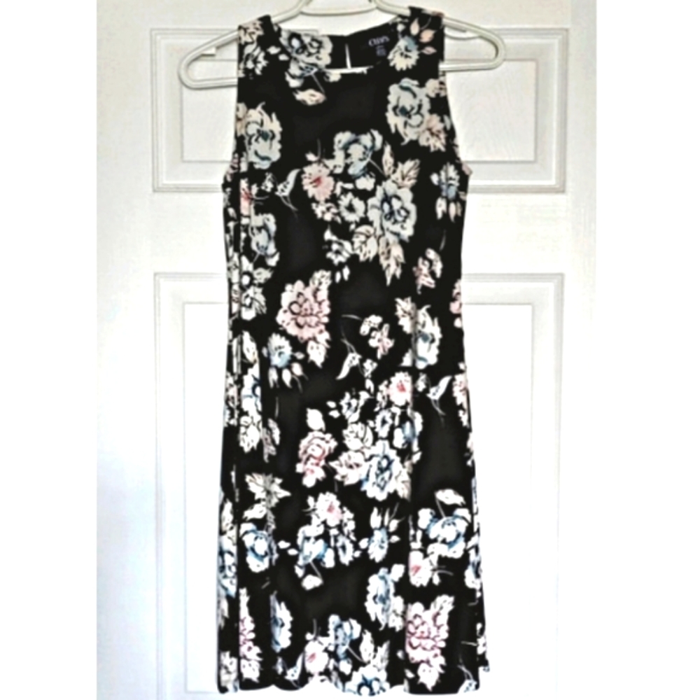 Chaps dress, Size small, Black, pale pink, pale blue and cream flowers.